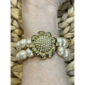 VTG Faux Pearl Bracelet Double Strand Gold Tone Flower Clasp Victorian Revival
